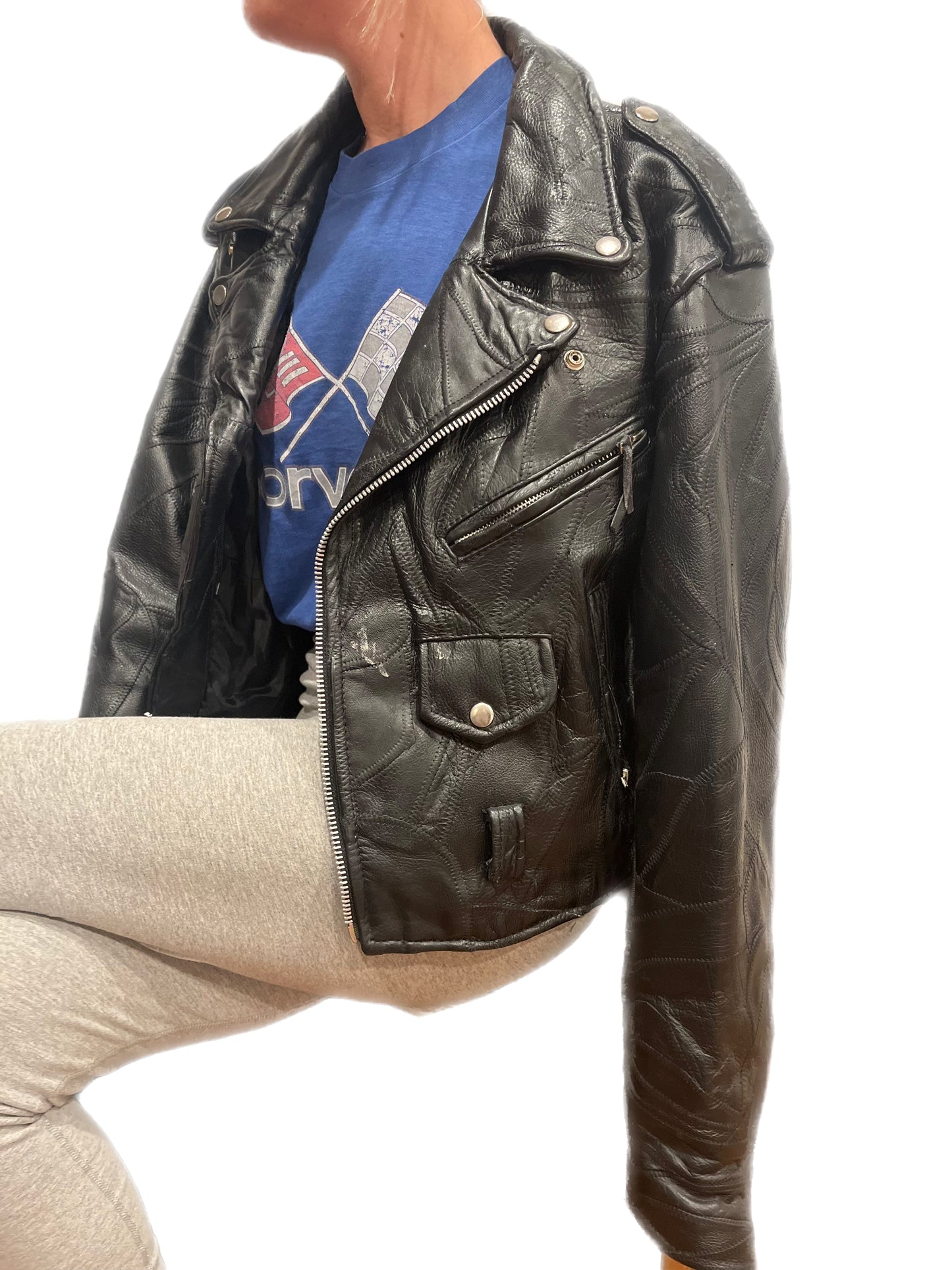 NAVARRE LEATHER COMPANY ITALIAN STONE BUFFALO LEATHER 80'S MOTORCYCLE JACKET
